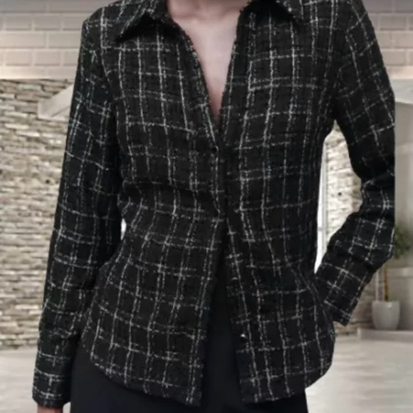 ZARA Black White Tweed Blazer Woman’s Top V-Neck Collared Button Sz M - Picture 1 of 11